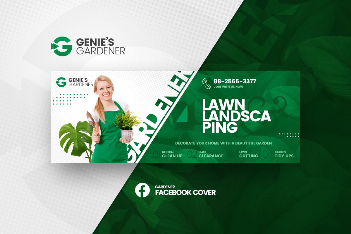园艺设计绿化公司社交宣传素材库精选广告模板 Genie’s Gardener Facebook Cover Template插图
