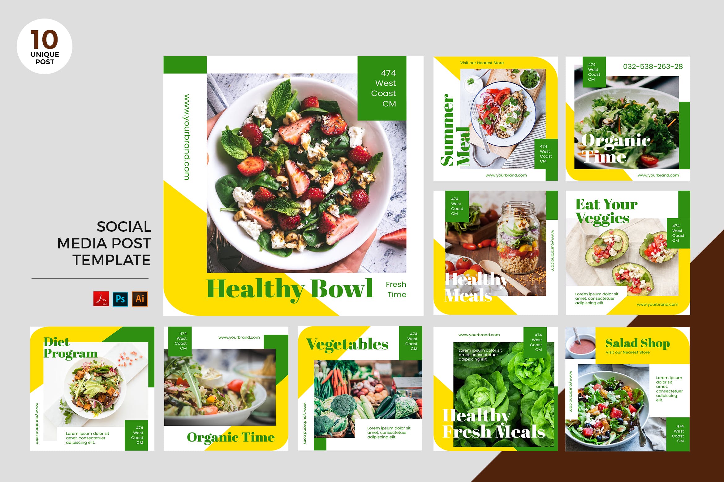 有机饮食品牌社交媒体设计素材包 Organic Diet Social Media Kit PSD & AI插图