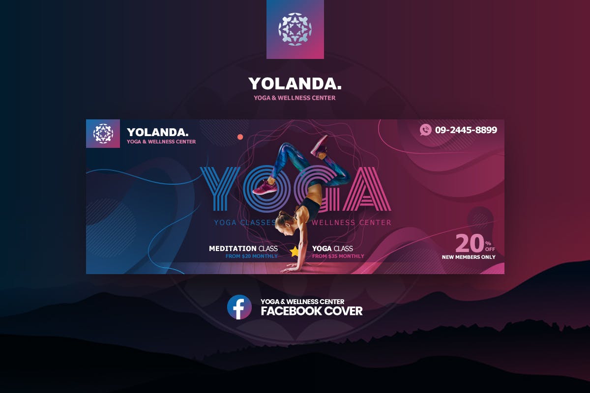 瑜伽&健身俱乐部社交推广素材库精选广告模板 Yolanda-Yoga & Wellness Facebook Cover Template插图(1)