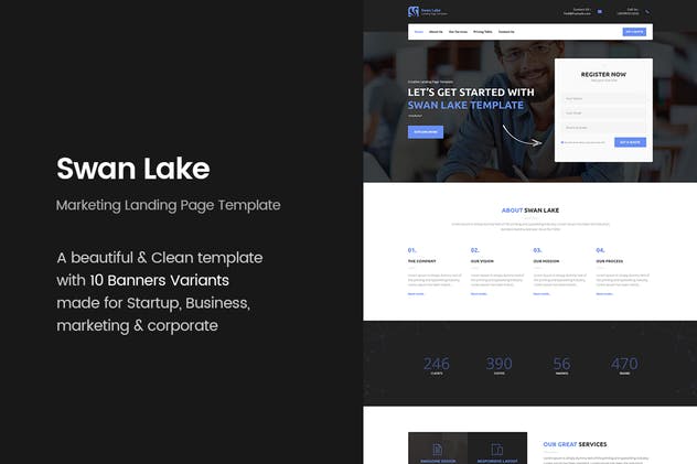 现代创意品牌宣传着陆页HTML模板非凡图库精选 Swan Lake – Marketing Landing Page插图(1)