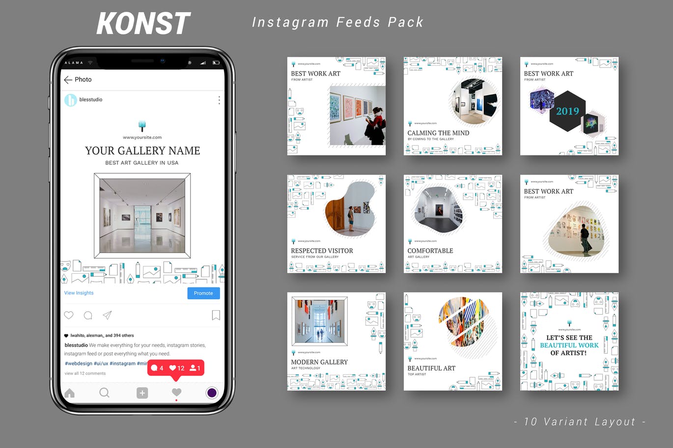 创意艺术展览主题Instagram信息流广告设计模板素材库精选 Konst – Instagram Feeds Pack插图