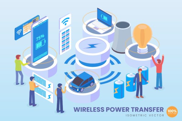 无线充电技术等距矢量科技普贤居精选概念插画 Isometric Wireless Power Transfer Vector Concept