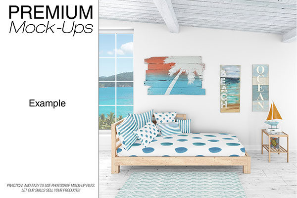 海景房枕头和框架展示样机下载 Pillows &amp; Frames Set &#8211; Coastal Style [psd]