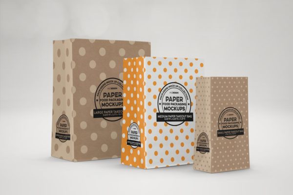 外带食物纸袋包装设计样机模板 Takeout Paper Bags Packaging Mockup