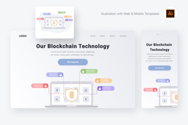 区块链技术矢量概念插画设计素材[AI&amp;SVG] Blockchain technology illustration (AI, SVG)