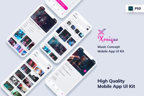 在线音乐播放APP应用UI设计套件[白天版本] Xonique-Music Mobile App UI Kit Light Version