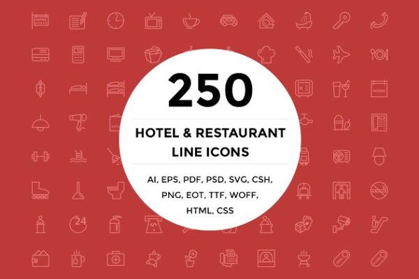 250枚高端酒店＆餐馆线条图标素材 250 Hotel and Restaurant Line Icons
