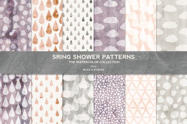 雨滴云朵水彩图案背景素材 Spring Shower Watercolor Patterns