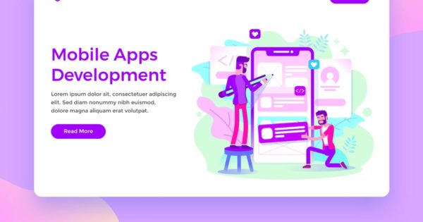 APP应用开发场景插画网站着陆页设计模板 Mobile Apps Development Creative Team Landing Page