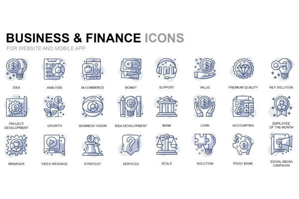 商业和财务主题线性图标矢量图标素材 Business and Finance Thin Line Icons