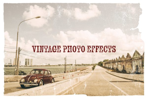 照片一键生成复古怀旧效果图层样式PSD分层模板 Vintage Photo Effects