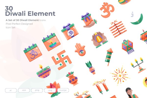 30枚扁平设计风格排灯节节日主题图标素材 30 Diwali Element Icons &#8211; Flat