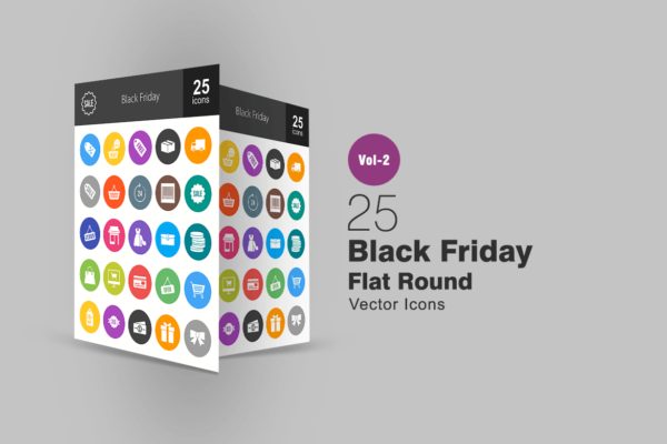 25枚黒五购物节主题扁平设计风格圆角图标素材 25 Black Friday Flat Round Icons
