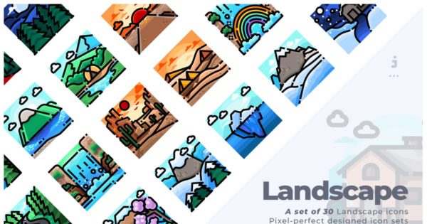 30枚风景景观矢量手绘方形图标素材 30 Landscape Icons