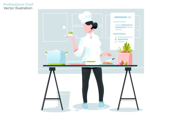 西式厨师烹饪场景矢量插画素材 Professional Chef &#8211; Vector Illustration