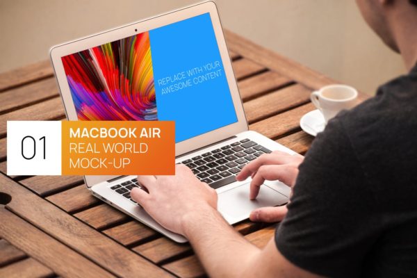 Macbook Air实景使用场景16设计网精选样机模板v1 Person Using MacBook Air Real World Photo Mock-up