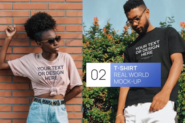 经典情侣黑白T恤印花图样机16设计网精选模板 Two Black Persons T-Shirt Real World Photo Mock-up