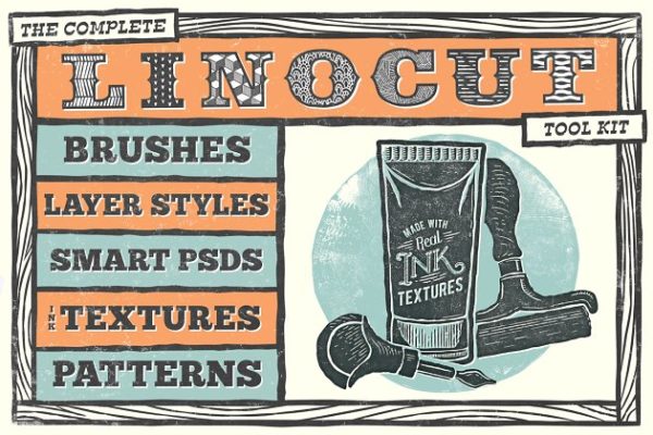 亚麻油毡浮雕设计工具包[笔刷/样式/模板/纹理] The Complete Linocut Tool Kit