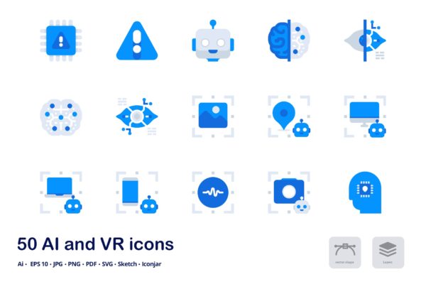 智能AI&amp;虚拟现实VR主题双色调扁平化矢量图标 AI and VR Accent Duo Tone Flat Icons