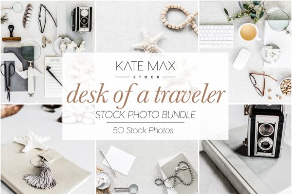 现代，干净和女性化品牌场景样机模板 Desk of a Traveler Stock Photo Bundl