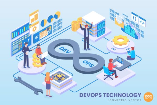 DevOps技术等距矢量科技素材天下精选概念插画 Isometric DevOps Technology Vector Concept