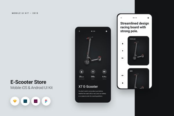 滑板车商店iOS平台APP用户界面设计套件 E-Scooter Store iOS Mobile UI Kit