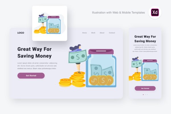 省钱有道矢量概念插画设计素材[XD&amp;SVG] Saving money illustration (Adobe XD &amp; SVG)