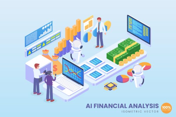 人工智能财务分析2.5D矢量等距概念插画 Isometric AI Financial Analysis Vector Concept
