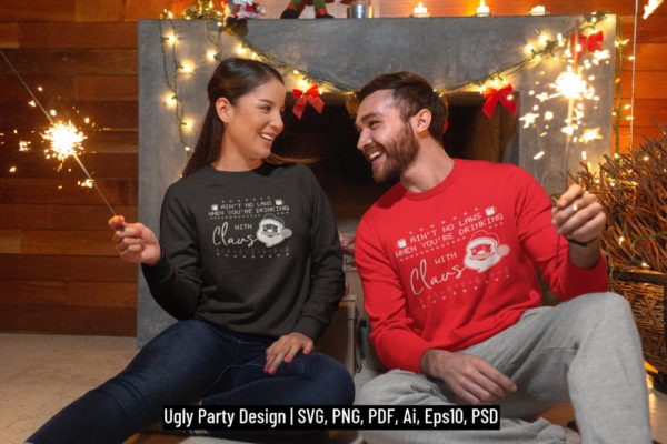 情人套装圣诞节主题T恤圣诞老人印花图案设计素材 Santa Christmas Ugly Print Template, TShirt Design