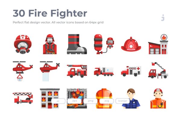 30枚消防员/消防主题扁平设计风格矢量图标 30 Fire Fighter Icons &#8211; Flat