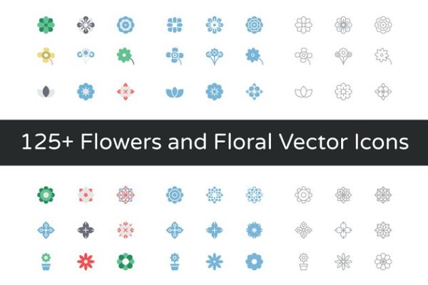 125+彩色几何矢量花卉小图标 125+ Flowers and Floral Vector Icons