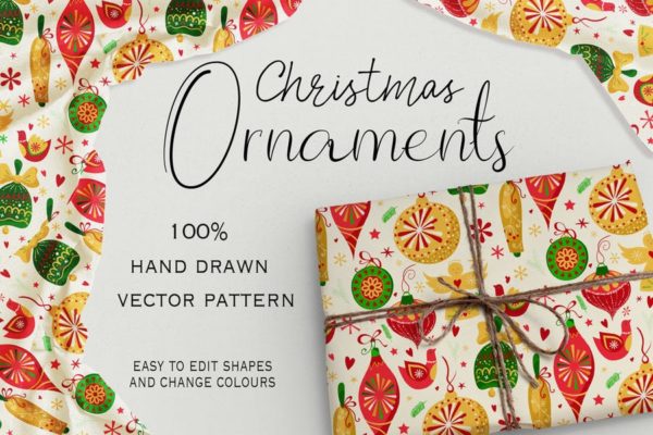 圣诞饰品手绘图案无缝背景素材 Christmas Ornaments Seamless Pattern
