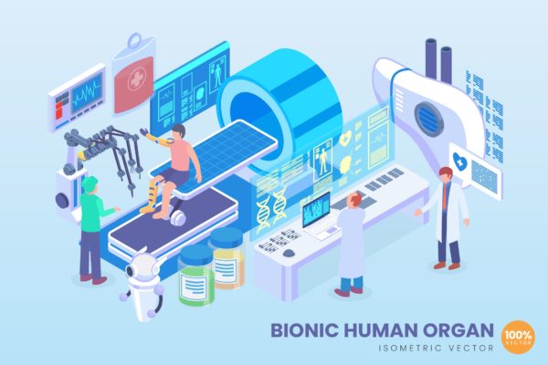 仿生人体器官主题等距矢量科技普贤居精选概念插画v2 Isometric Bionic Human Organ Vector Concept