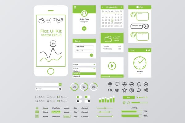 绿白配色扁平设计风格移动Web用户界面工具包 Green &amp; White Flat Mobile Web UI Kit