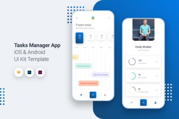 任务管理APP应用UI界面设计模板 Task Manager App iOS &amp; Android UI Kit Template