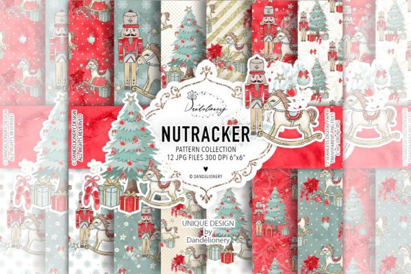 圣诞节主题胡桃夹子水彩手绘数码纸张图案背景素材 Christmas Nutcracker digital paper pack