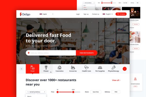 食物/快餐配送网站UI设计SKETCH模板 Deligo &#8211; Food Delivery Website