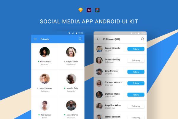 安卓社交APP应用好友管理界面设计模板 Social Media App Android UI Kit