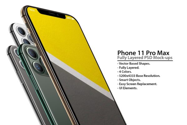 iPhone 11 Pro手机悬浮正/背面视图样机模板 iPhone 11 Pro Layered PSD Mock-ups