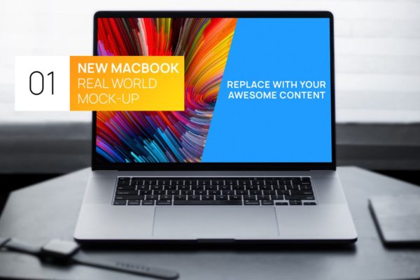 简约风格灰黑场景MacBook电脑屏幕演示16设计网精选样机 New MacBook Touchbar Dark Photo Real World Mock-up
