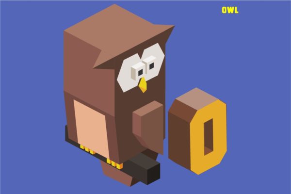 字母O&amp;猫头鹰动物英文字母识字卡片设计2.5D矢量插画素材 O for Owl, Animal Alphabet collection. vector illu