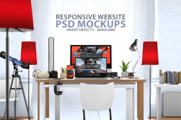 创意办公桌面响应式设计效果图预览16图库精选样机 Responsive Website PSD Mock-up Desk