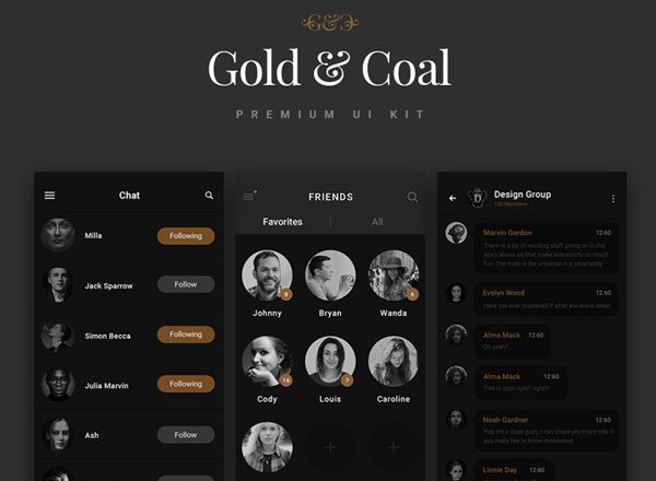 即时聊天工具应用界面 UI 套件 Chat &amp; Messages – Gold &amp; Coal UI Kit