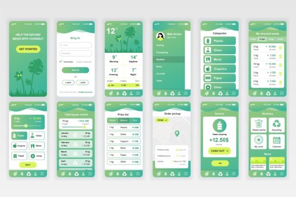 生态能源资源回收APP应用用户交互界面设计UI套件 Ecology Mobile App UX and UI Kit