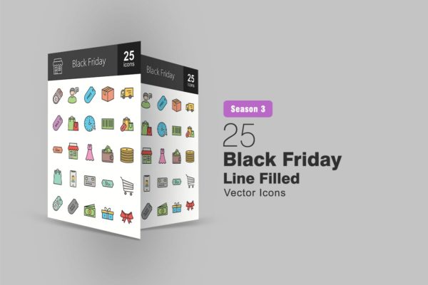 25枚黑色星期五主题填充色线性16图库精选图标 25 Black Friday Filled Line Icons