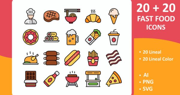 扁平化设计风格美食餐饮图标素材 Fast Food Icons ( Line + Colored Line )