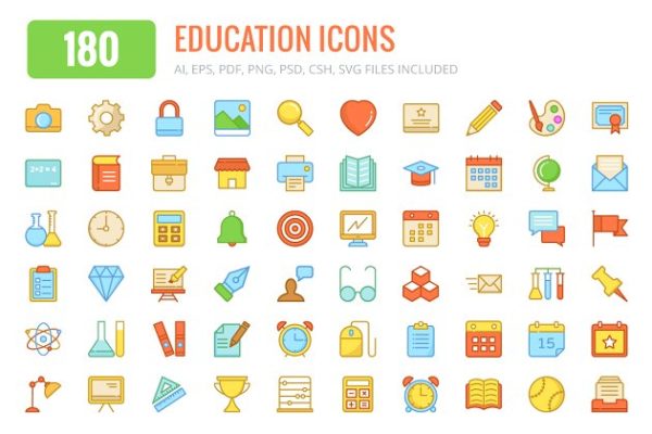 180枚教育主题彩色线条图标 180 Education Colored and Line Icons