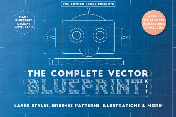 工业蓝图设计图风格设计AI模板工具包 The Complete Vector Blueprint Kit
