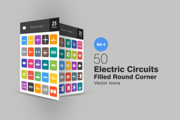 50枚电路线路板主题扁平化矢量圆角16图库精选图标 50 Electric Circuits Flat Round Corner Icons