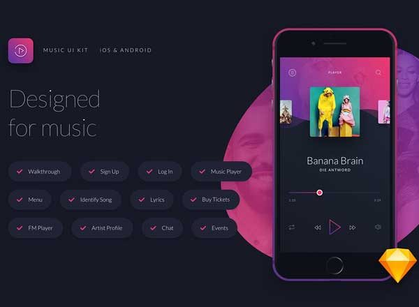酷黑风格音乐应用设计 UI 套件 Music UI/UX Mobile App Kit